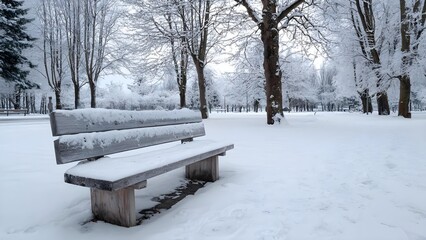 Snow-covered park with a wooden bench in the foreground and bare trees coated in snow. Concept Snow-Covered Park, Wooden Bench Foreground, Bare Trees in Snow, Winter Landscape