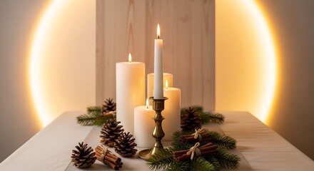 Lit candles atop a table surrounded by pine cones cinnamon sticks and sprigs set against a blurred background