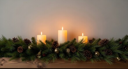 Lit candles and greenery featuring pinecones and small bells atop a wooden shelf