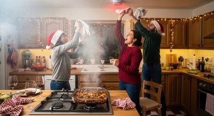Kitchen fire scene featuring people waving towels in a smoky kitchen, perhaps during christmas. Kitchen fire after cooking mishap creates chaos in home decorated with festive lights,