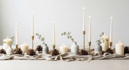 Lit candles in holders pinecones small vases with sprigs sit on beige cloth draped across a white table