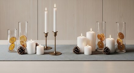 Lit candles glass vases with orange slices and pine cones are arranged on a blue table runner