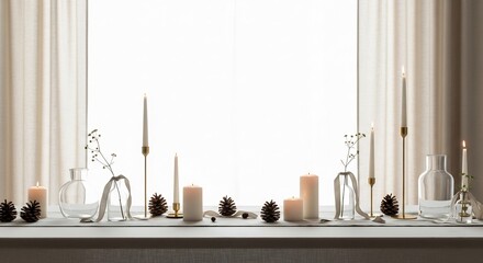 Lit candles pine cones vases  floral sprigs are displayed on a table in front of a bright window draped with fabric