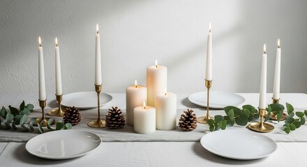Lit candles pine cones and plates are arranged on a table setting creating a serene and elegant ambiance