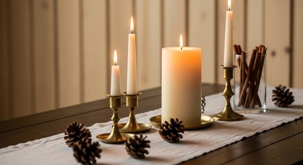 Lit candles  pinecones adorn a table runner against a wooden background