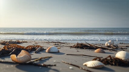 Seashells and seaweed resting on sandy beach at sunset