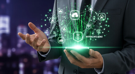Man in suit holding phone with glowing digital network, icons and text, representing technology, communication, artificial intelligence