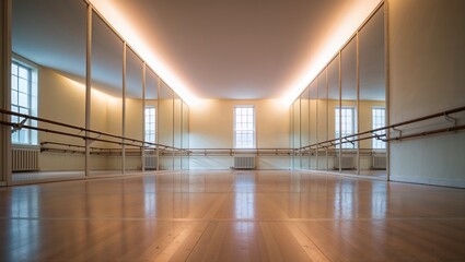 Empty dance studio reflecting in mirrors with barre and wood floor