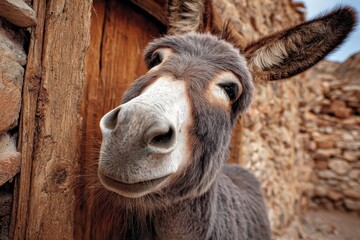 Fototapeta premium Funny donkey enjoys a sunny day near a rustic stone building in a countryside location while curiously interacting with a visitor
