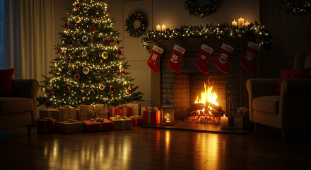 Fototapeta premium A decorated christmas tree with burning candles, lights, and ornaments in a festive home interior for the winter holiday celebration