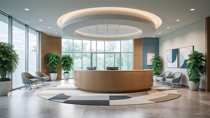 Modern office lobby interior design with reception desk and waiting area