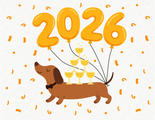 CUTE DACHSHUND NEW YEAR 2026 ILLUSTRATION – CELEBRATION WITH GOLD BALLOONS AND CHAMPAGNE GLASSES