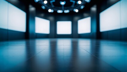 Empty showroom reflecting on shiny floor with spotlights and blank walls