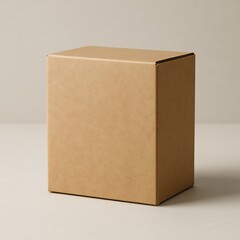 Realistic photo of blank cardboard box standing on clean surface, soft shadows, neutral background, front and side view visible, studio lighting setup, ultra-realistic 8k, perfect for product packagin