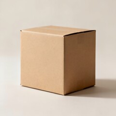 Realistic photo of blank cardboard box standing on clean surface, soft shadows, neutral background, front and side view visible, studio lighting setup, ultra-realistic 8k, perfect for product packagin