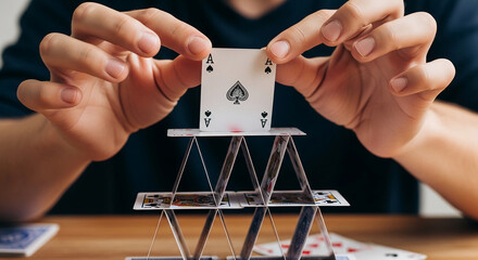 Close-up of hand placing ace of spade on playing card house, demonstrating precariousness, fragility, risk, and strategy, perfect for game concepts