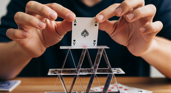 Close-up of hand placing ace of spade on playing card house, demonstrating precariousness, fragility, risk, and strategy, perfect for game concepts