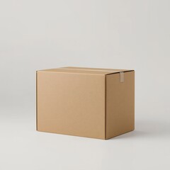 Realistic photo of blank cardboard box standing on clean surface, soft shadows, neutral background, front and side view visible, studio lighting setup, ultra-realistic 8k, perfect for product packagin