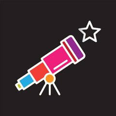 Colorful cartoon telescope pointed towards a bright star on a black background