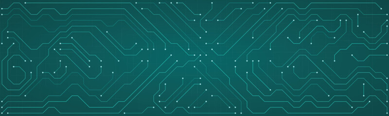 Futuristic Teal Circuit Board Pattern with White Dots and Lines on a Dark Gradient Background technology