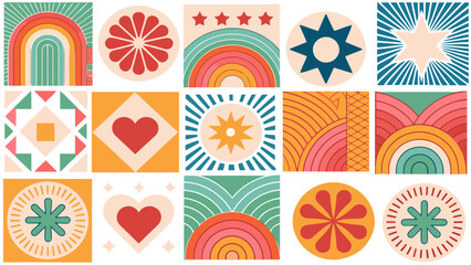 Colorful Geometric Retro Pattern Vector with Abstract Shapes, Rainbow, Hearts, and Stars for Modern Backgrounds and Creative Design Projects
