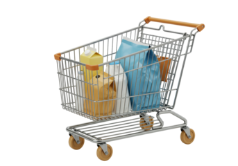 Isolated shopping cart filled with groceries, studio shot of cart with food bags and carton