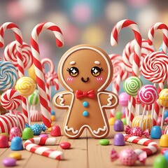 Obraz premium Gingerbread Man Surrounded by Candy Canes and Lollipops.