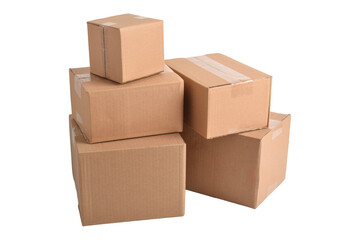 Stacked brown cardboard boxes in various sizes isolated on white background