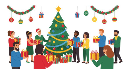 Festive Christmas Tree Gift Exchange Illustration