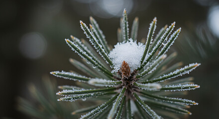 Macro photo of pine needles covered with tiny ice crystals and frost