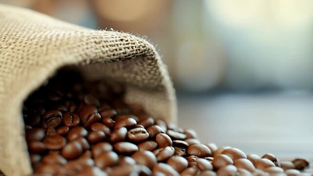 Coffee beans from a burlap sack spilling onto wooden table in a cafe, showing fresh roasted seeds moving footage