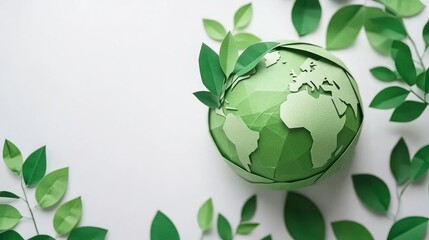 Green paper globe surrounded by leaves, symbolizing environmentalism