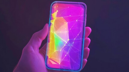 Hand holding a smartphone with vibrant, colorful, geometric design on the screen