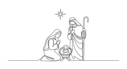 Obraz premium Continuous line drawing of the Nativity scene with Mary, Joseph, and baby Jesus.