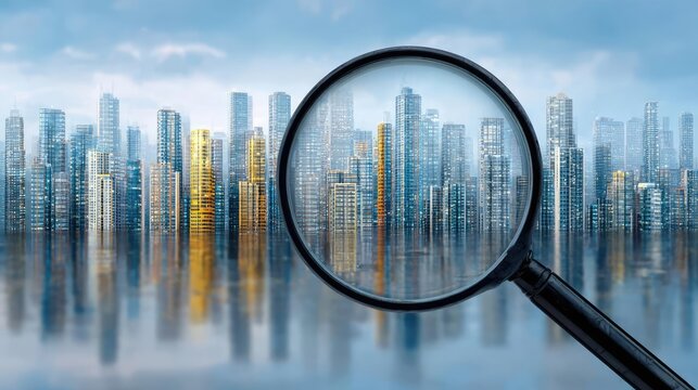 Urban planner examines map with magnifying glass concept. A close-up view of a city skyline through a magnifying glass.