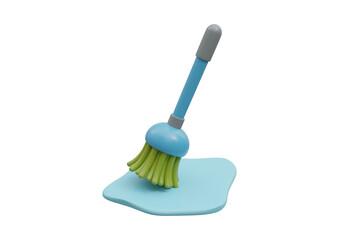 Broom cleaning puddle isolated on transparent background in 3d rendering