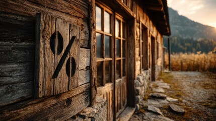 Fototapeta premium Percentage and wooden house sign symbol concept. Charming rustic cabin with a wooden exterior in a serene landscape.