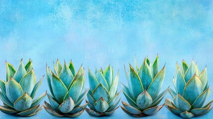 Fototapeta premium Four agave plants arranged in a row against a light blue background