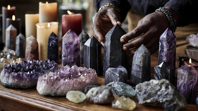 Hands arranging a display of amethyst crystals and crystal clusters on a wooden table, with lit candles in the background. Concept Hands arranging amethyst crystals on a wooden table