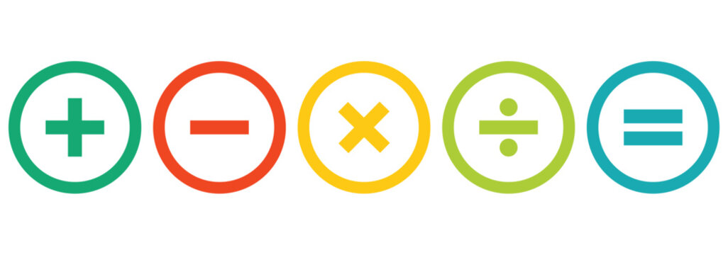 Calculator icon. Calculate symbol. Accounting signs. Finance symbols. Math icons. Plus, minus, equal, division, multiplication. Vector sign.