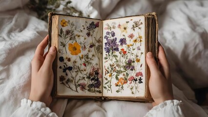 An old weathered book opened to pages filled with colorful pressed flowers. Concept Vintage Book, Pressed Flowers, Floral Pages, Rustic Charm, Nature Keepsake