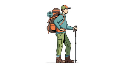 A man with a large backpack and trekking pole stands prepared for an adventure.
