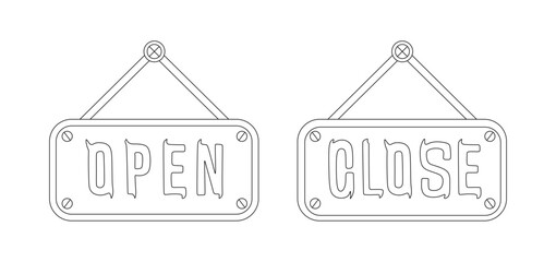 Minimalist continuous line drawing of two hanging signs with the words "OPEN" and "CLOSE". The simple black line art represents shop or store signage, business hours, and daily operations