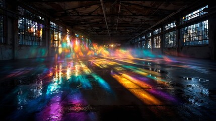 Fototapeta premium Vibrant rainbow light streams through dusty industrial windows, creating a magical, moody atmosphere on the wet floor