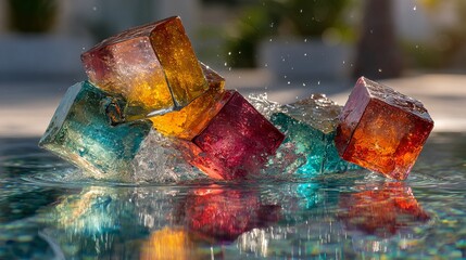Vibrant glass cubes splash into sparkling water creating dynamic light reflections and energetic motion