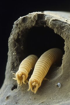 Selective focus. Scientifically accurate rendering of Wuchereria bancrofti worms in human lymphatic vessels