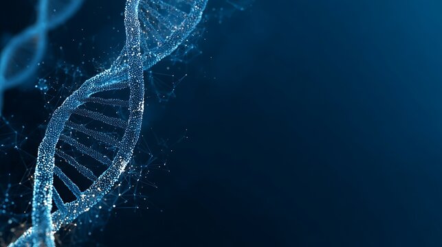 Abstract dna structure with glowing dots and lines against a dark blue background - Powered by Adobe