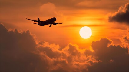 Silhouette of a commercial airplane approaching for landing against a vivid orange sunset and clouds. Concept Airplane Silhouette, Sunset Aviation, Golden Hour Sky, Airport Landing, Cloudscape