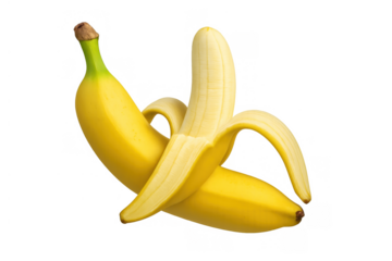 Fresh ripe yellow banana showing partially peeled skin on transparent background, healthy fruit snack or diet food concept