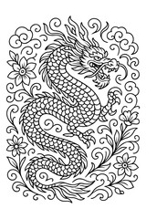 Chinese Dragon Illustration with Floral Swirls and Clouds, Black and White Line Art